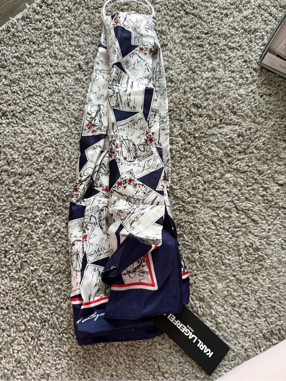 Karl Lagerfeld Navy, White & Red Printed Silk Scarf